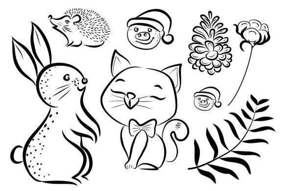 Cute Christmas Hedgehog and Rabbit